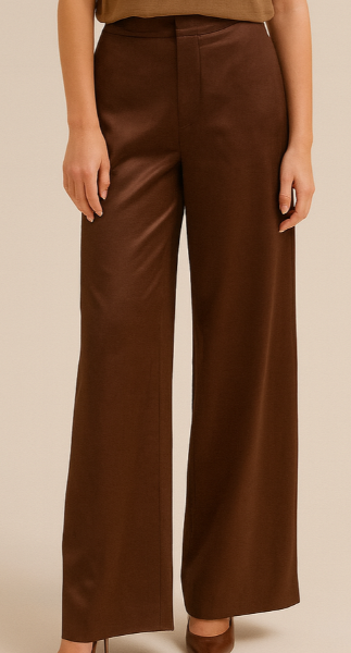 Brown wide-leg pants worn by a person on a beige background
