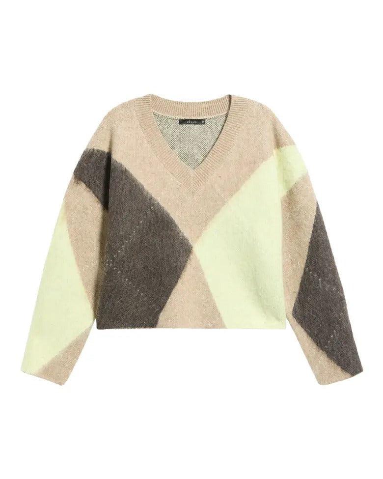 Micah V-neck sweater in camel with lemon and chocolate diamonds, flat lay