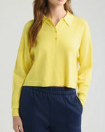 Pink Floyd cropped knit polo sweater in lemon, front on model