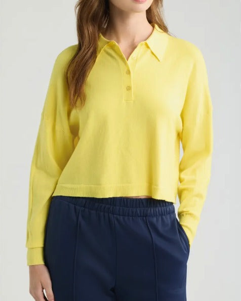 Pink Floyd cropped knit polo sweater in lemon, front on model