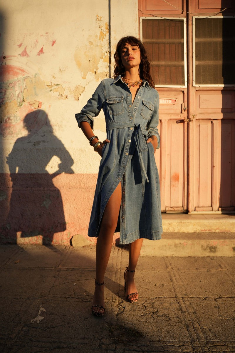 Rosalie Denim Midi Dress – Snap Button Fit & Flare Shirt Dress 42